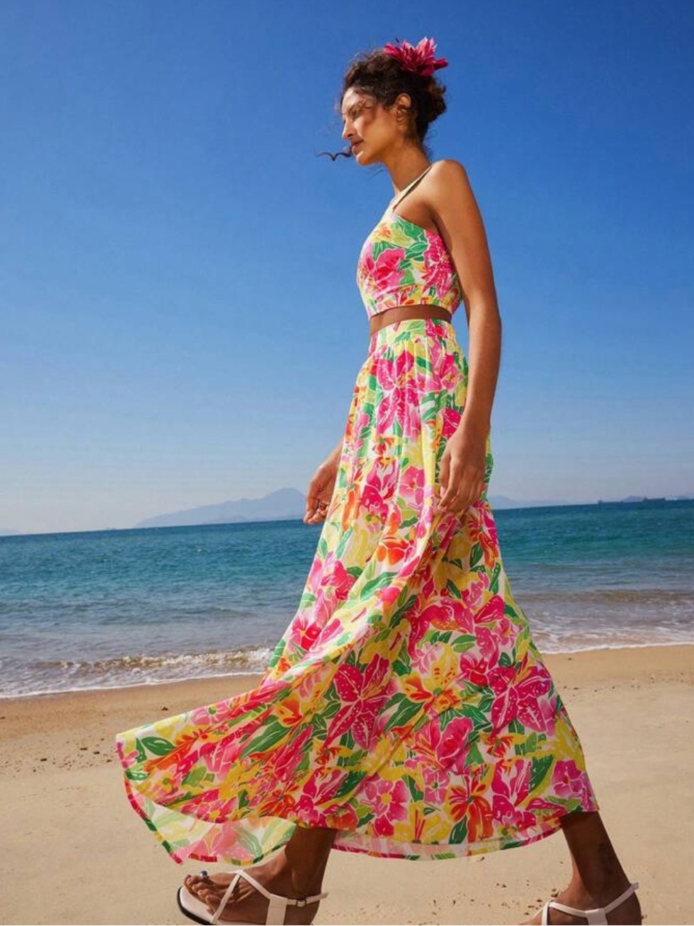 Floral Pink & Yellow Halter Maxi Dress